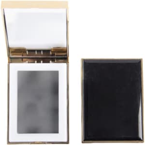 A mini folding makeup mirror with LED light in a sleek gold and black design, featuring a compact, slim profile.