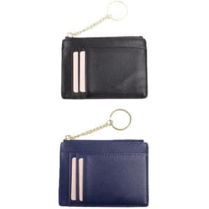 A women's PU wallet in black and navy, featuring a keychain and card slots. It has a simple, stylish design.