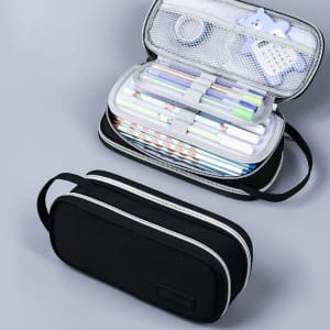 A large pencil case with handle, featuring a black outer, zipped compartments, and assorted stationery inside.