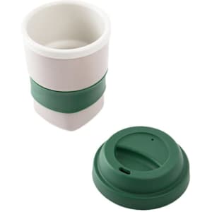 A reusable 10 oz coffee cup in white with a green silicone lid and band. Features a logo on the cup.