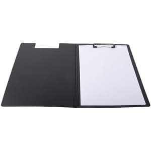 A black foldable clipboard with a clip and a blank A4 pad inside, featuring a smooth finish.