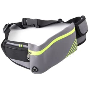A grey neoprene fitness fanny pack with reflective detailing and an adjustable strap. Features multiple zippered pockets.
