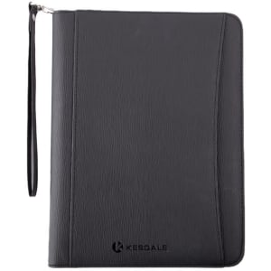 A black portable leather zipper portfolio featuring a wrist strap and a logo.