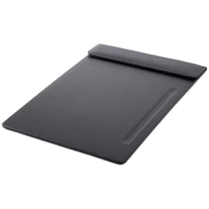 A black leather clipboard with a pen slot, featuring a smooth finish and magnetic closure.