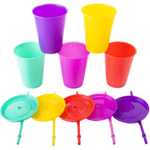 A set of plastic tumblers in purple, yellow, red, and turquoise, with matching lids and straws.