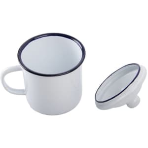 A white enamel mug with a navy rim and a matching lid, featuring a handle and a smooth interior.