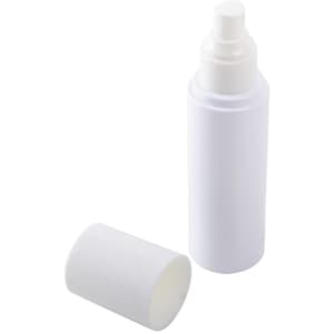 A white 4 oz. PET spray bottle with a removable cap and a pump dispenser. It has a simple design and a logo.