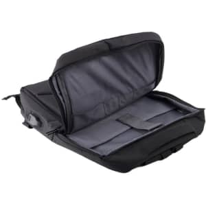 A black laptop backpack with an open compartment, featuring a padded interior and a sleek design.
