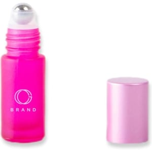 A pink frosted glass roll-on bottle with a silver cap, featuring a logo. Suitable for various home uses.