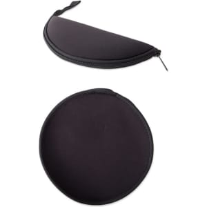 A black custom travel mouse pad pouch with a zip closure, featuring a smooth, circular surface.