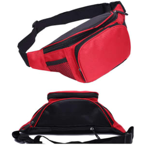 A waterproof nylon waist bag featuring a red and black design, with zipped compartments and a strap.