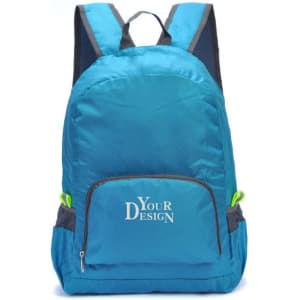 A blue nylon foldable backpack with a main compartment and a front pocket, featuring a logo.