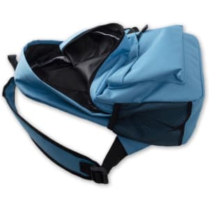 A blue backpack with a zippered main compartment and a side mesh pocket, featuring adjustable straps.