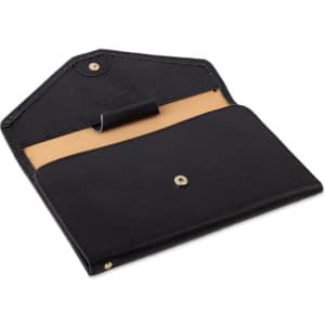 A black multifunction passport holder with a snap closure and a tan interior. Features a logo on the exterior.