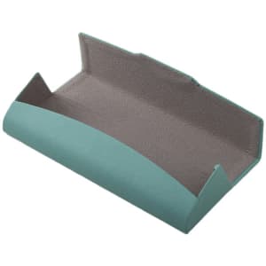 A foldable glasses case in teal with a textured interior, suitable for storing eyewear. Features a logo.