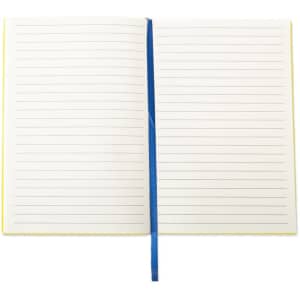 A soft PU leather cover notebook in blue featuring lined pages and a ribbon bookmark. It has a simple design with no branding visible.
