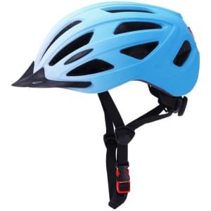 A lightweight blue bike helmet with ventilation slots and a rear light, featuring an adjustable chin strap and a logo.