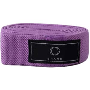 A purple polyester fitness resistance band with a black label. Suitable for leisure and outdoor sports activities.