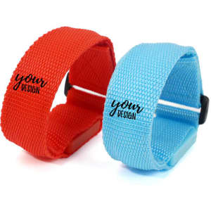 A red and a blue adjustable nylon LED bracelet, featuring a placeholder for custom design, displayed side by side.