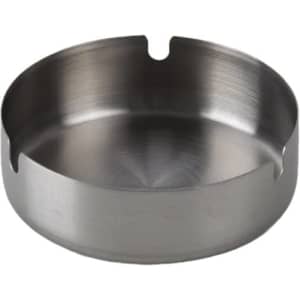 A stainless steel ashtray with a smooth surface and two cigarette notches. It has a sleek, metallic finish.