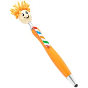 A whimsical orange ballpoint pen with a mop head topper and a smiling face, featuring a striped tie design.