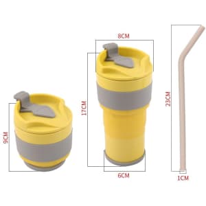 A yellow collapsible travel cup with a grey band, includes a straw. Dimensions are shown alongside the cup.