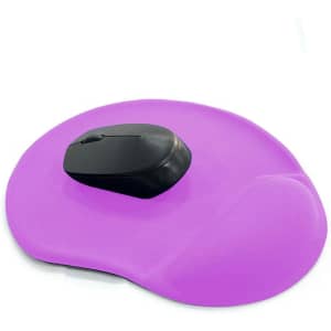 A purple mouse pad with a wrist rest and a black computer mouse positioned on top.