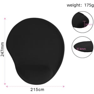 A black promotional mouse pad featuring a wrist rest, with specific dimensions and a sleek design.