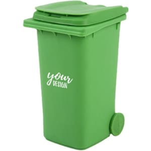 A green trash can pen holder with a lid and wheels, featuring a space for custom design.