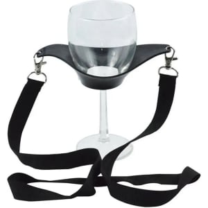 A wine glass holder in black with a lanyard for hands-free use, featuring clips for easy attachment.