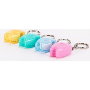 A set of four dental floss dispensers in yellow, blue, green, and pink, each attached to a keychain.