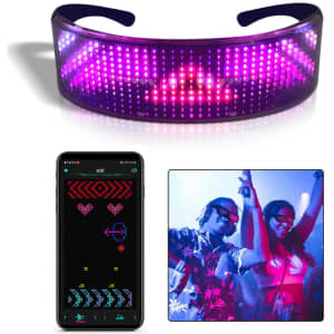 LED luminous glasses in purple with a vibrant, illuminated design and a smartphone displaying a connected app.