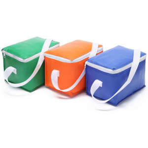 Three insulated cooler bags in green, orange, and blue, featuring zip closures and white straps. Each bag has a logo.