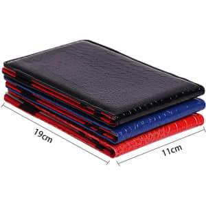 A stack of four PU golf scorecard holders in black, red, and blue, with a textured surface. Features a logo.