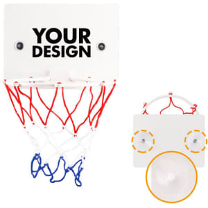 A mini basketball hoop with a white backboard and red, white, and blue net, featuring suction cups for attachment.