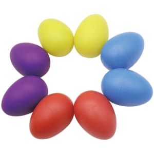A circular arrangement of plastic egg shakers in purple, yellow, blue, and red colours, with a smooth surface and no text.