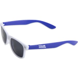 White frame sunglasses with blue arms and dark lenses, featuring a logo on the temple. Ideal for outdoor leisure.