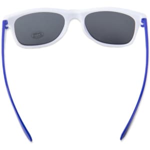 White frame sunglasses with dark lenses and blue accents. Features a logo on the lens.