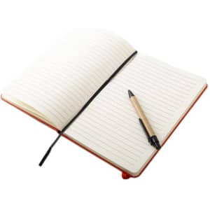 An orange A5 notebook with lined pages and a black strap, accompanied by a wooden pen.
