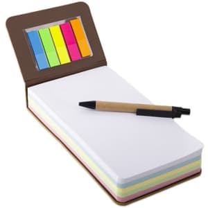 A PU leather memo pad in brown, featuring multiple sticky flags in bright colours and a black pen beside it.