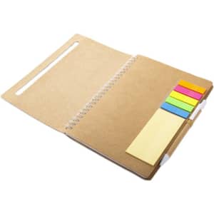 A5 kraft spiral notebook with sticky flags in bright colours and a pen attached. Features a plain cover and spiral binding.