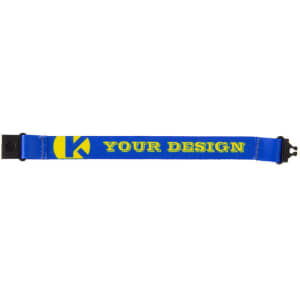 A blue polyester wristband with a buckle, featuring a logo and space for custom design.