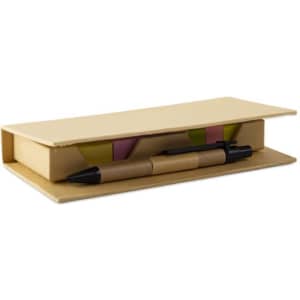 A kraft paper box containing sticky notes in various colours and a black pen, ideal for office use.
