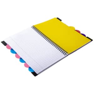A spiral notebook with colourful tabs and a bright yellow cover, featuring lined and blank pages inside.