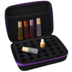 A storage bag in black and purple containing various essential oil bottles, with a mesh pocket and foam inserts.