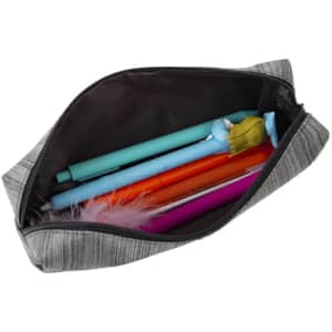 A grey striped pencil case featuring a mix of colourful pens and accessories inside.