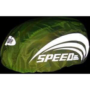 A cycling helmet cover in green featuring a reflective strip and logo, designed for outdoor leisure activities.