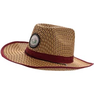 A straw cowboy hat in natural tones with a maroon band and a logo on the side.