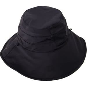 A wide brim bucket hat in black with a double-sided design and a branded logo.