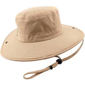 A wide-brimmed, beige sun protection boonie hat with a string adjustment for a secure fit.